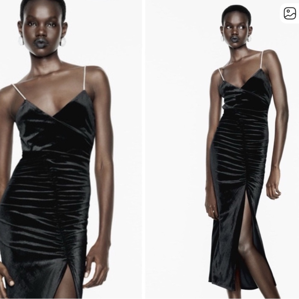 Zara Black Velvet Sequined Strap Midi Dress